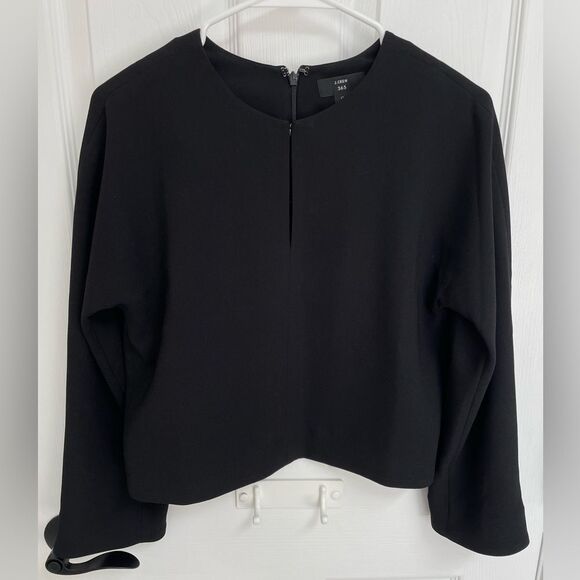 J. Crew 365 Black Long Sleeve Cropped Split Neck Crepe Top Women’s Size 0 - Picture 1 of 7